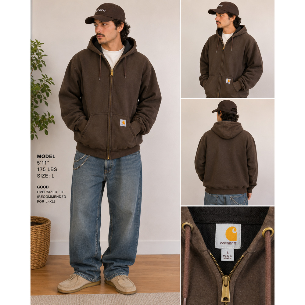 Carhartt Brown Thermal Lined Zip Hoodie Jacket Men’s Large Workwear USA